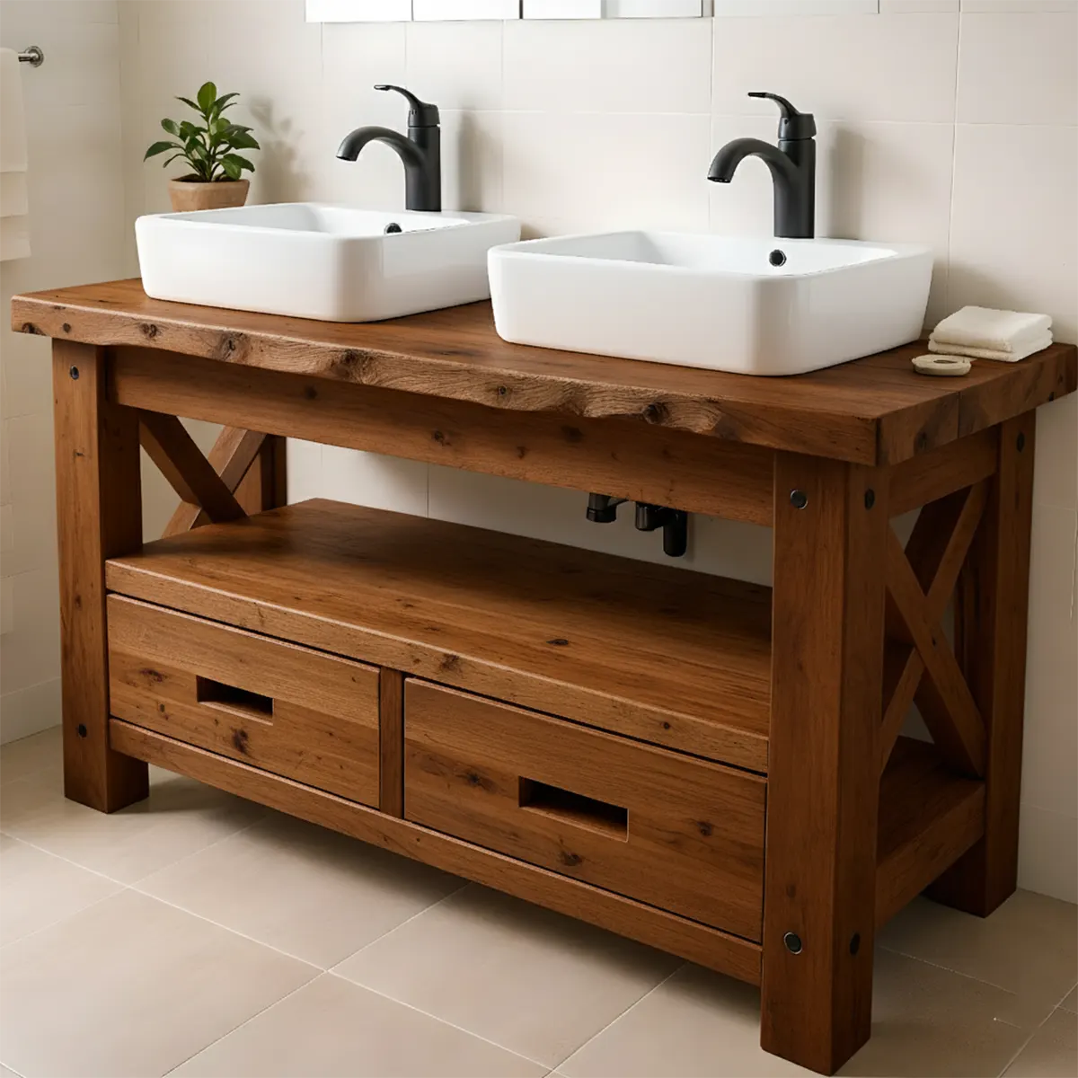 Rustic Farmhouse Solid Wood Double Sink Vanity With Drawers - Rustira