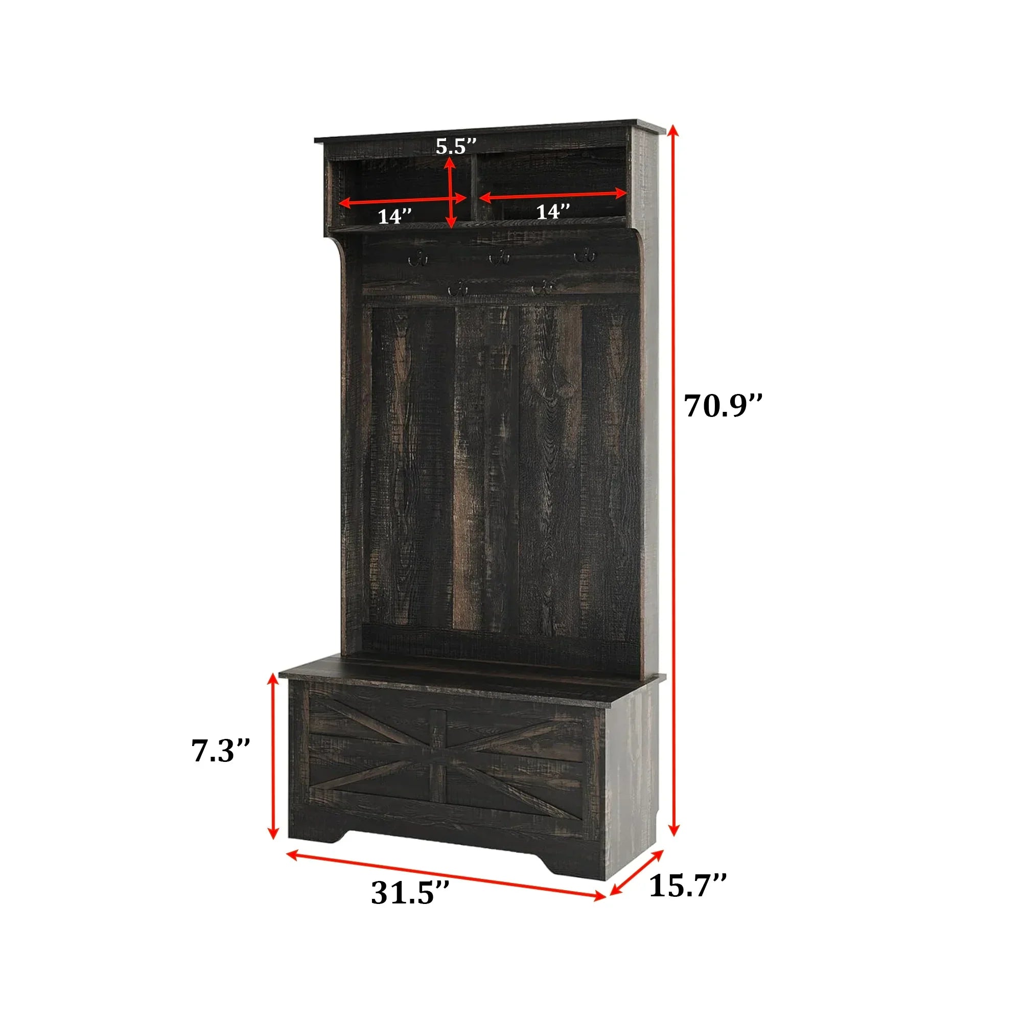 Rustic Hall Tree with Hooks & Storage Bench – 70.9” Entryway Organizer 