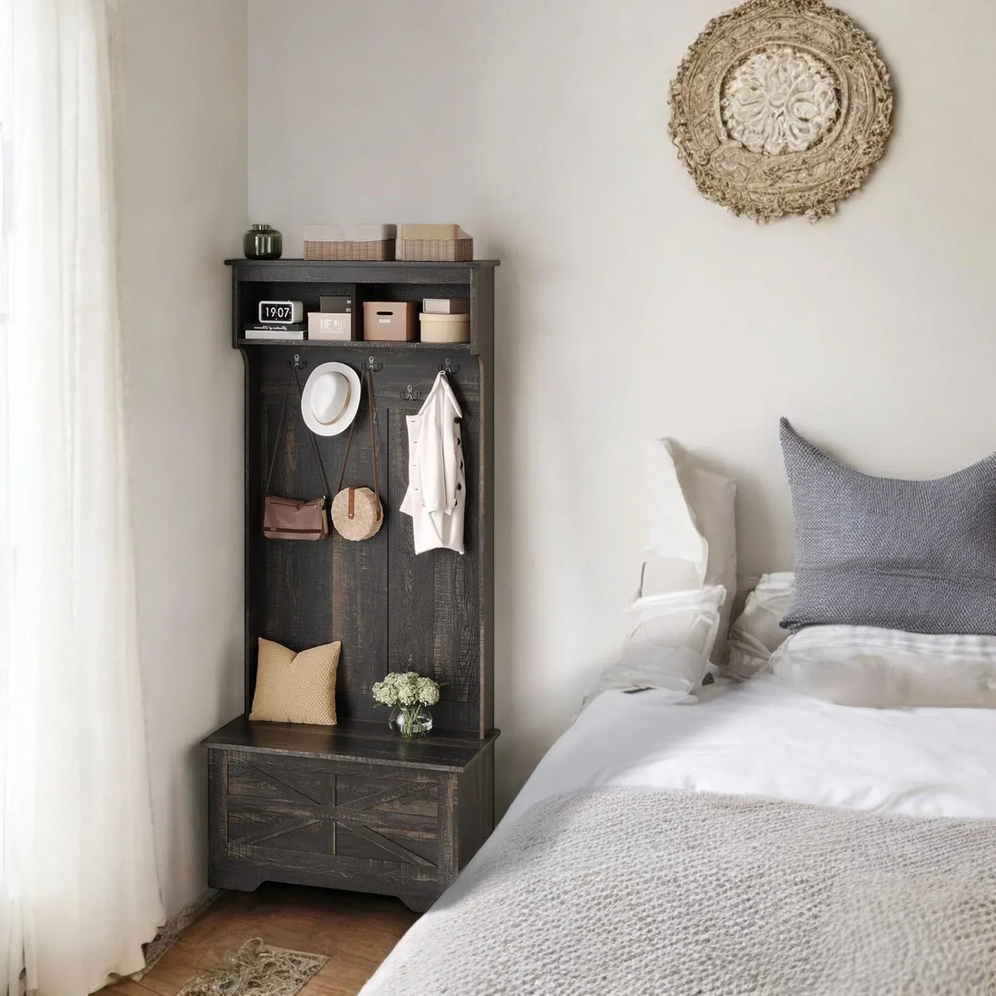 Rustic Hall Tree with Hooks & Storage Bench – 70.9” Entryway Organizer 