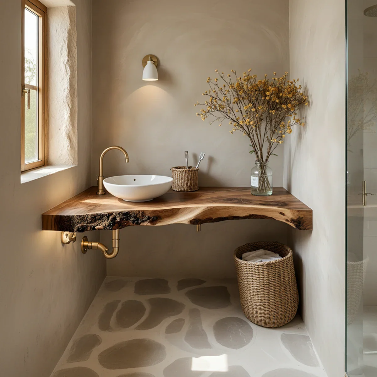 Rustic Live Edge Floating Wood Bathroom Vanity Shelf – Handcrafted - Rustira