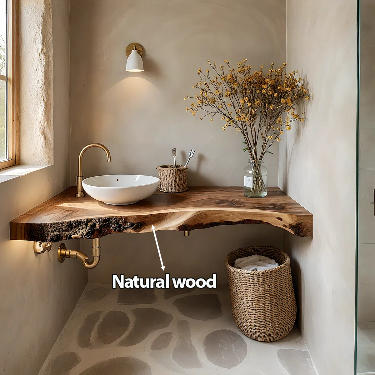 Rustic Live Edge Floating Wood Bathroom Vanity Shelf – Handcrafted - Rustira