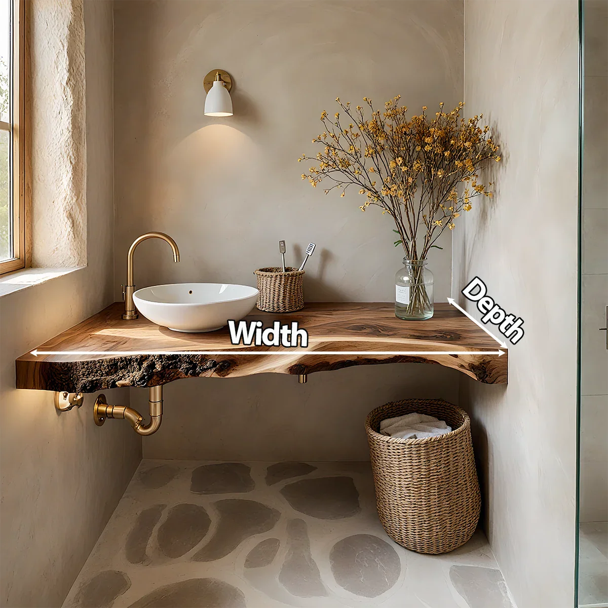 Rustic Live Edge Floating Wood Bathroom Vanity Shelf – Handcrafted - Rustira