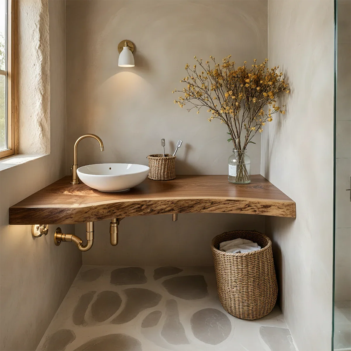 Rustic Live Edge Floating Wood Bathroom Vanity Shelf – Handcrafted - Rustira