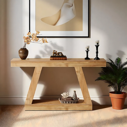 Rustic Modern V-Leg Console Table – 55" x 12" Rustic Walnut Accented with Lower Shelves 