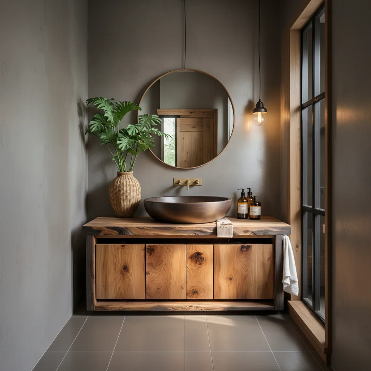 Rustic Natural Solid Wood Vanity with Bold Grain Doors - Rustira