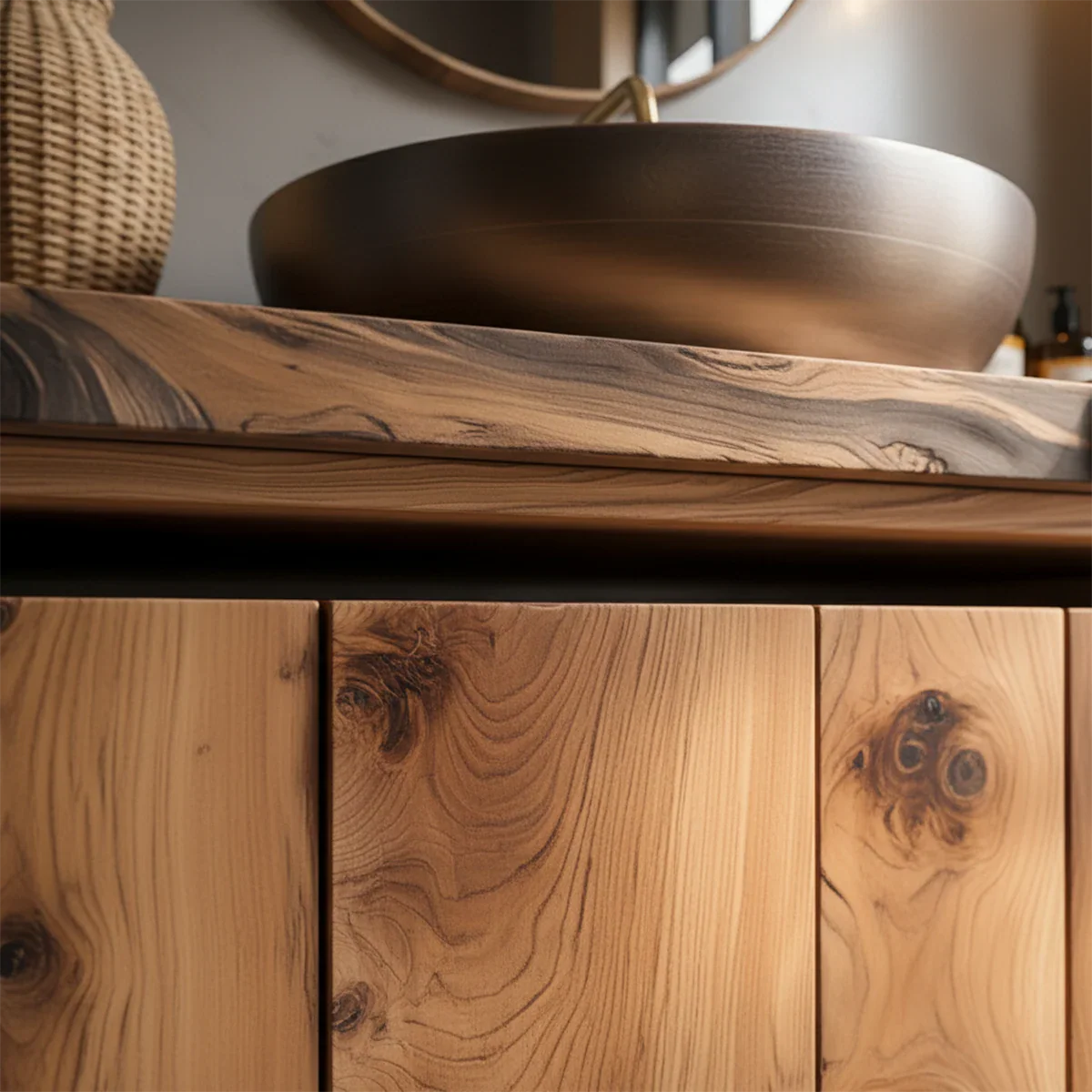 Rustic Natural Solid Wood Vanity with Bold Grain Doors - Rustira