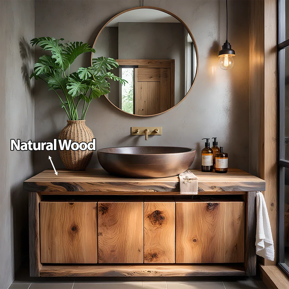 Rustic Natural Solid Wood Vanity with Bold Grain Doors - Rustira