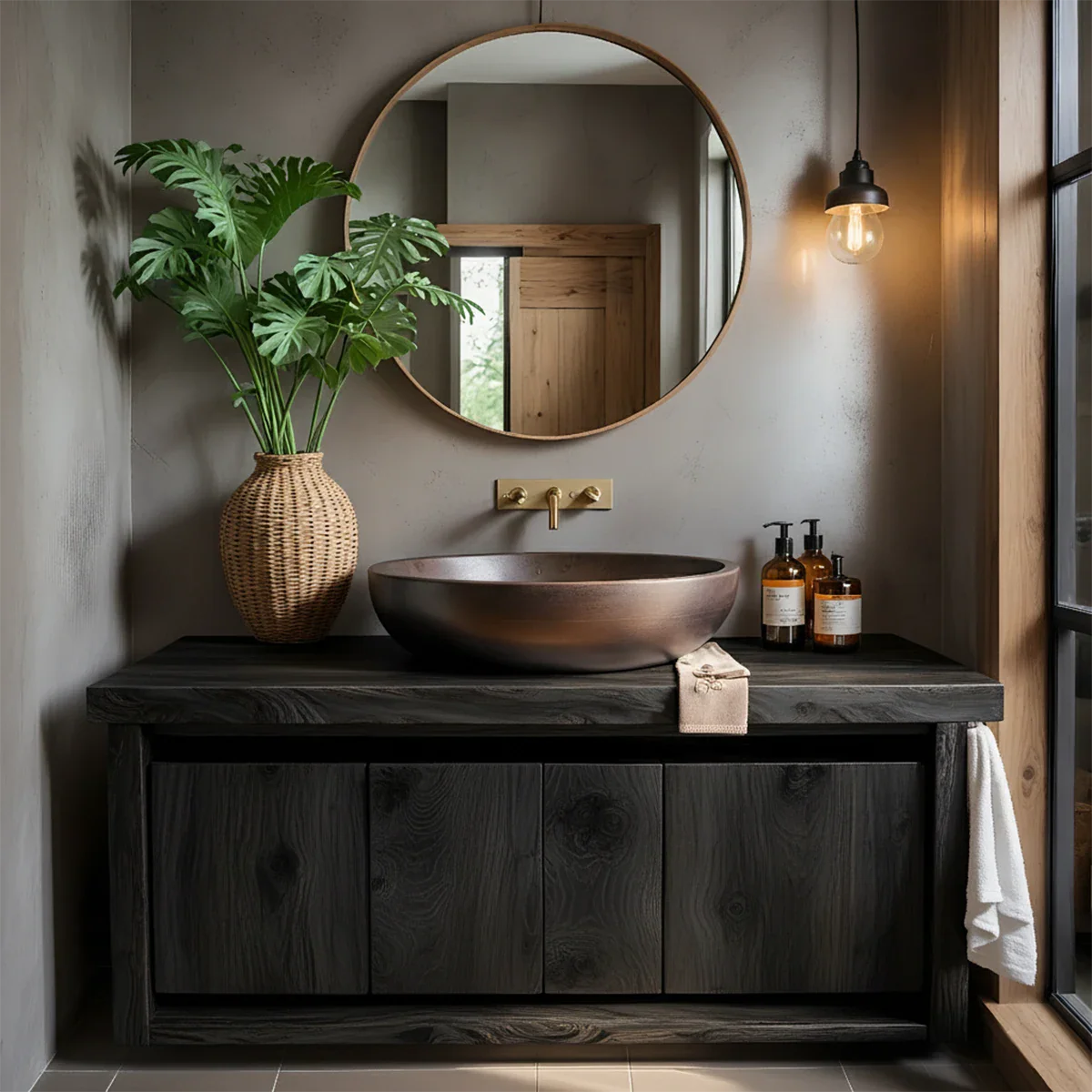 Rustic Natural Solid Wood Vanity with Bold Grain Doors - Rustira