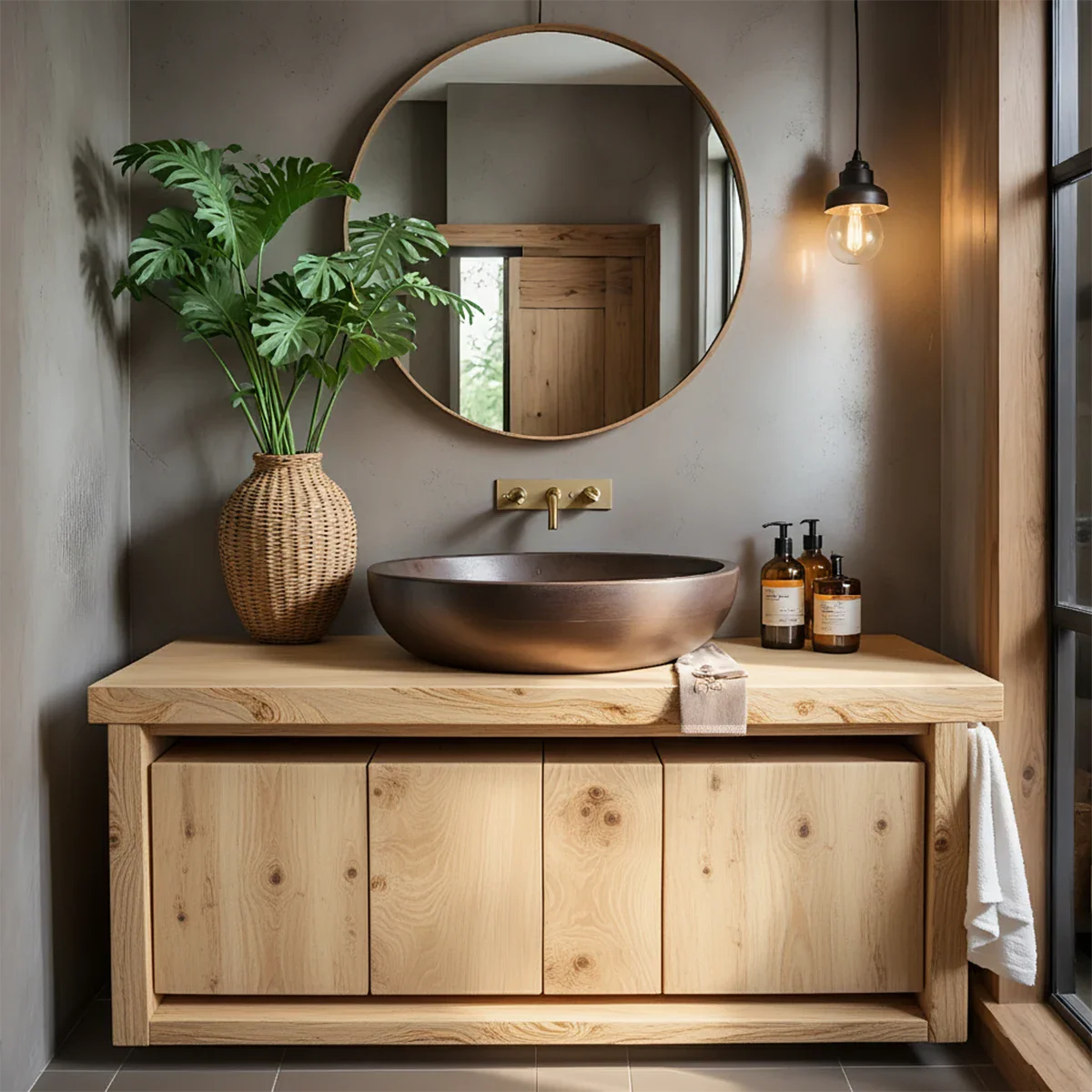 Rustic Natural Solid Wood Vanity with Bold Grain Doors - Rustira