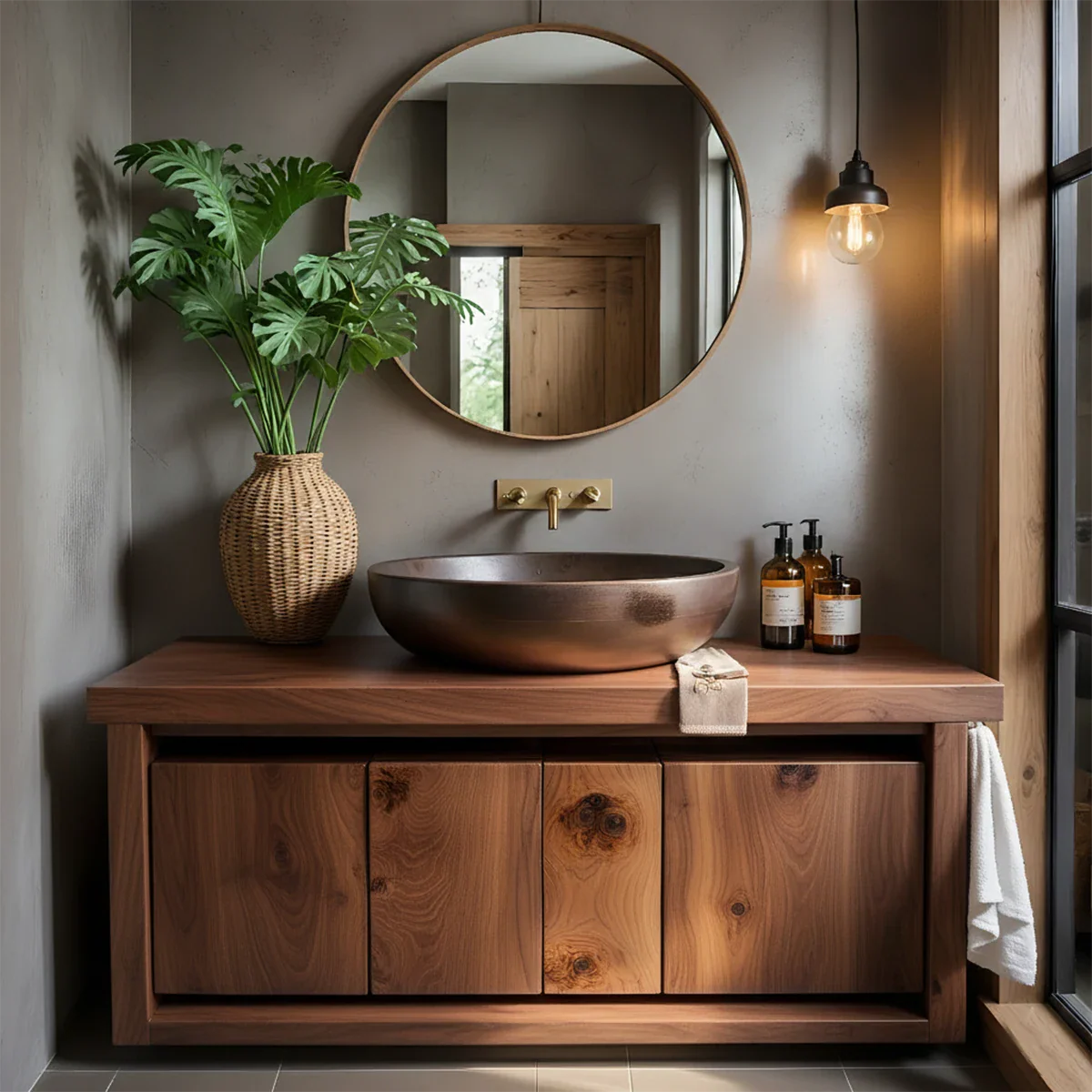 Rustic Natural Solid Wood Vanity with Bold Grain Doors - Rustira