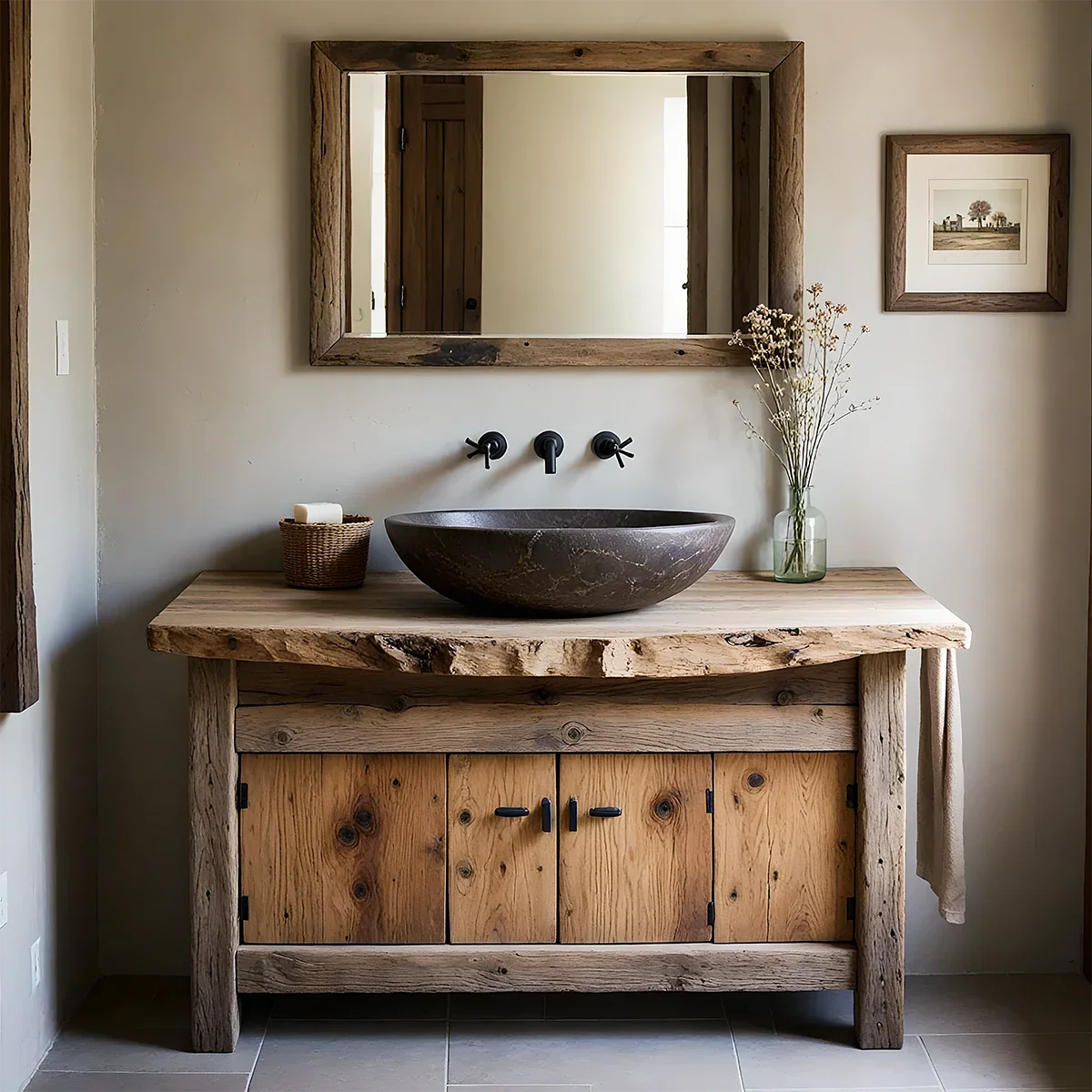 Rustic Natural Solid Wood Vanity with Live-Edge Top - Rustira