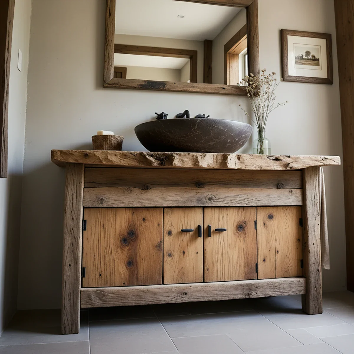 Rustic Natural Solid Wood Vanity with Live-Edge Top - Rustira