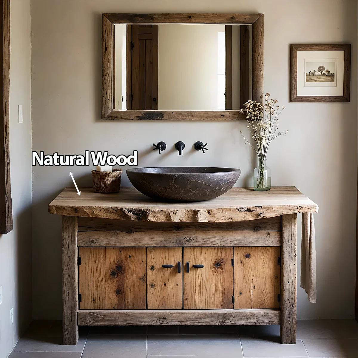 Rustic Natural Solid Wood Vanity with Live-Edge Top - Rustira