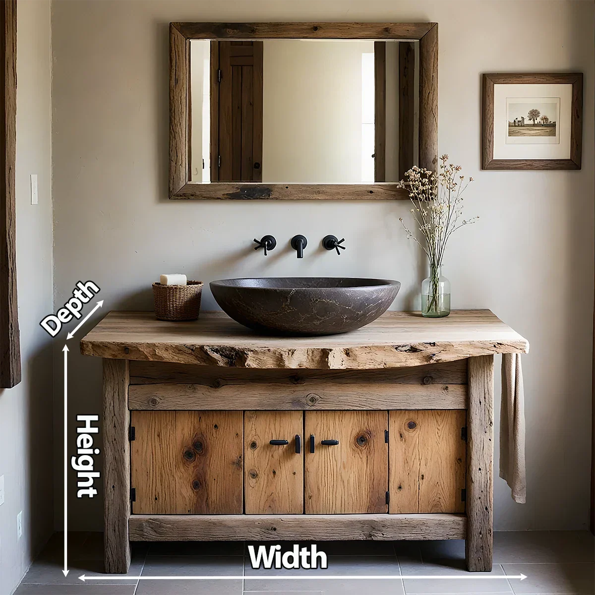 Rustic Natural Solid Wood Vanity with Live-Edge Top - Rustira