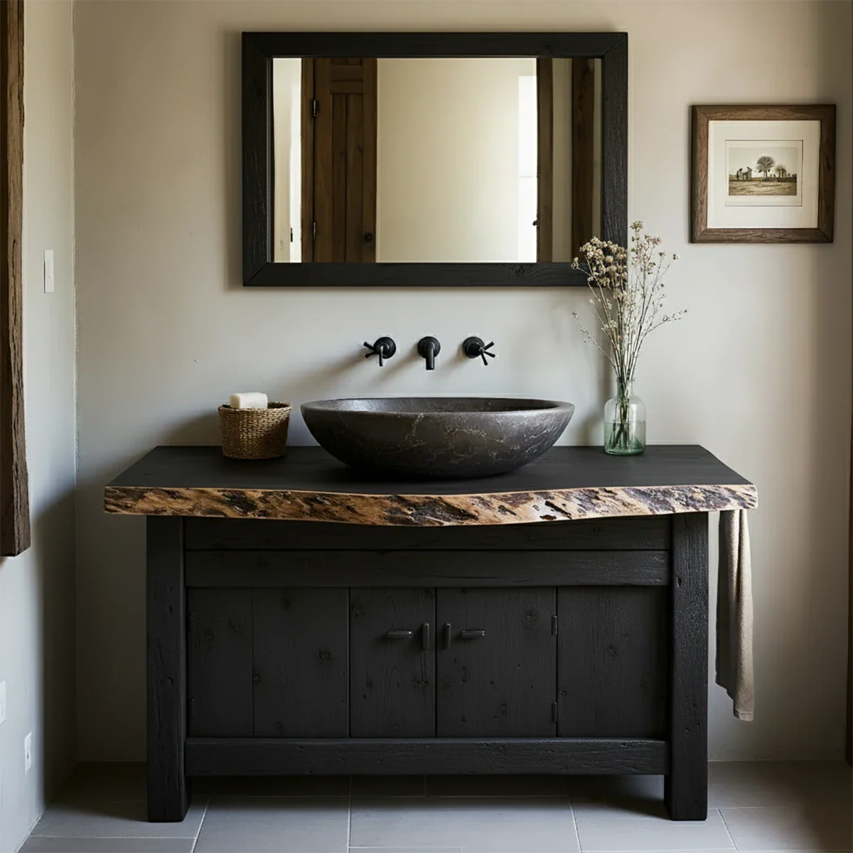 Rustic Natural Solid Wood Vanity with Live-Edge Top - Rustira
