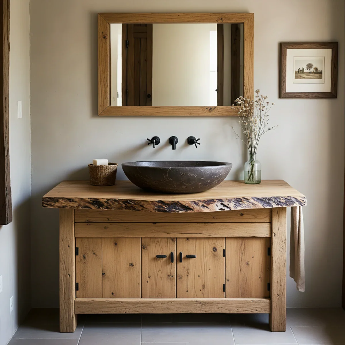 Rustic Natural Solid Wood Vanity with Live-Edge Top - Rustira
