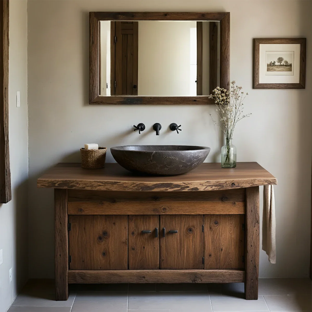 Rustic Natural Solid Wood Vanity with Live-Edge Top - Rustira