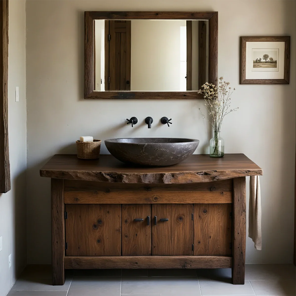 Rustic Natural Solid Wood Vanity with Live-Edge Top - Rustira