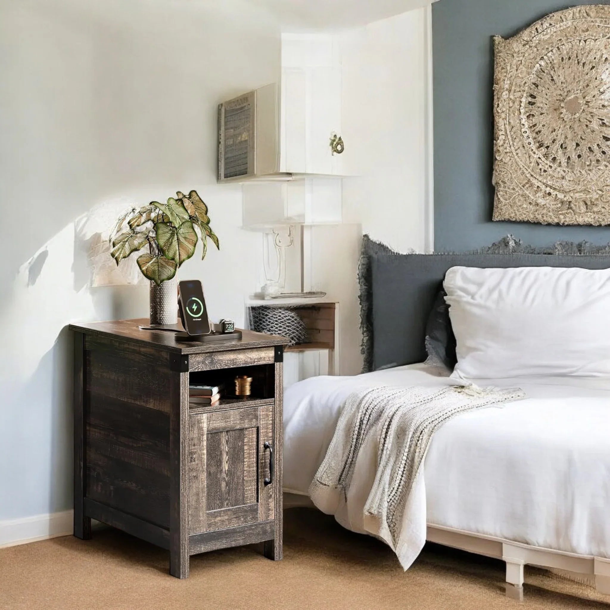 Rustic Nightstand with Cabinet Door & Open Shelf for Bedroom 