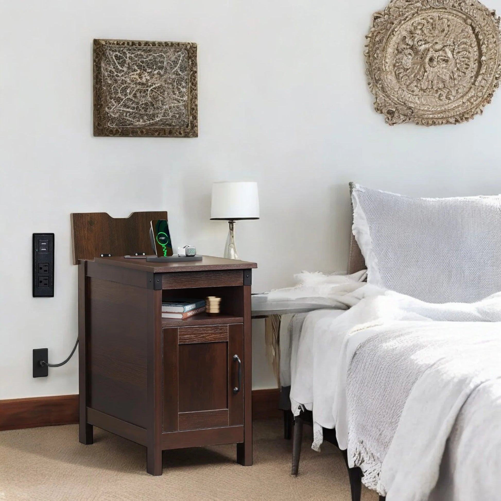 Rustic Nightstand with Cabinet Door & Open Shelf for Bedroom 