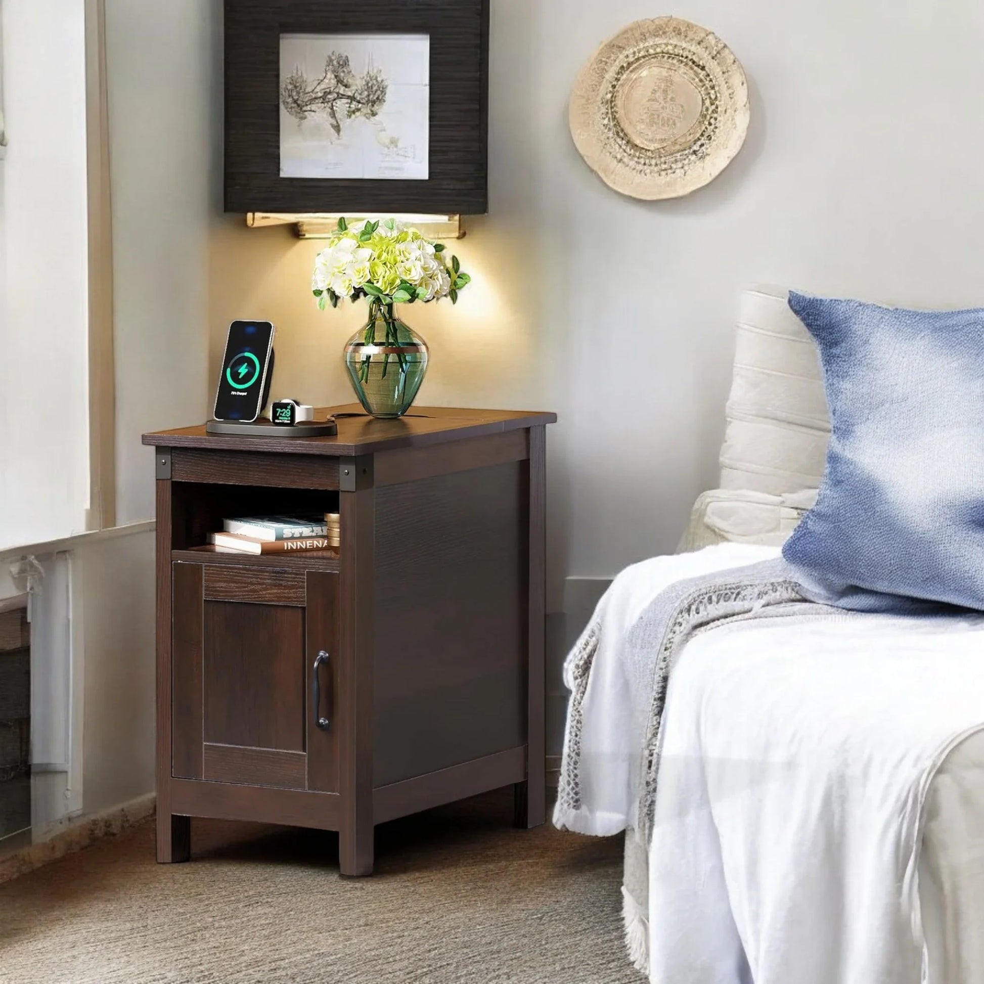 Rustic Nightstand with Cabinet Door & Open Shelf for Bedroom 