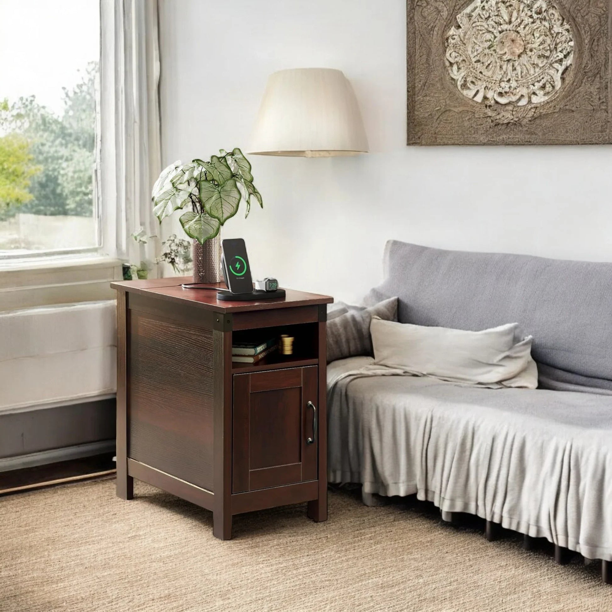 Rustic Nightstand with Cabinet Door & Open Shelf for Bedroom 