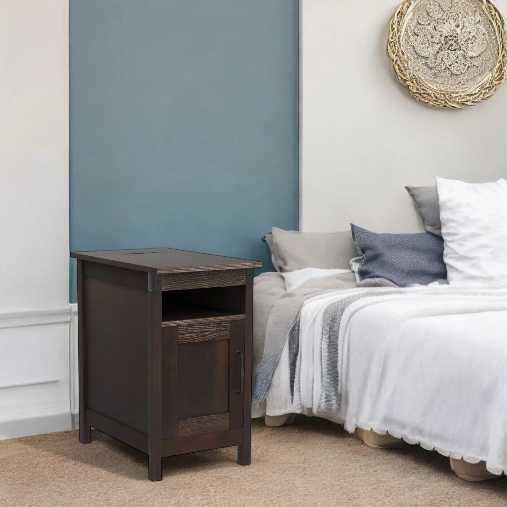 Rustic Nightstand with Cabinet Door & Open Shelf for Bedroom 