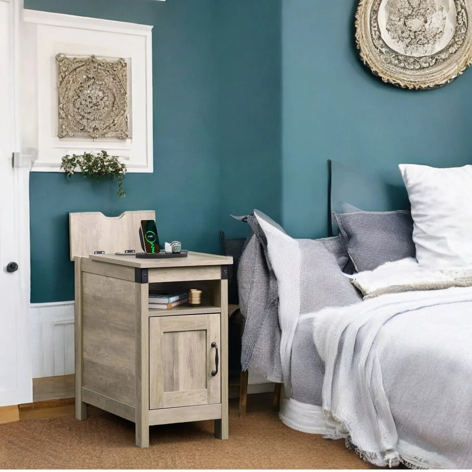 Rustic Nightstand with Cabinet Door & Open Shelf for Bedroom 