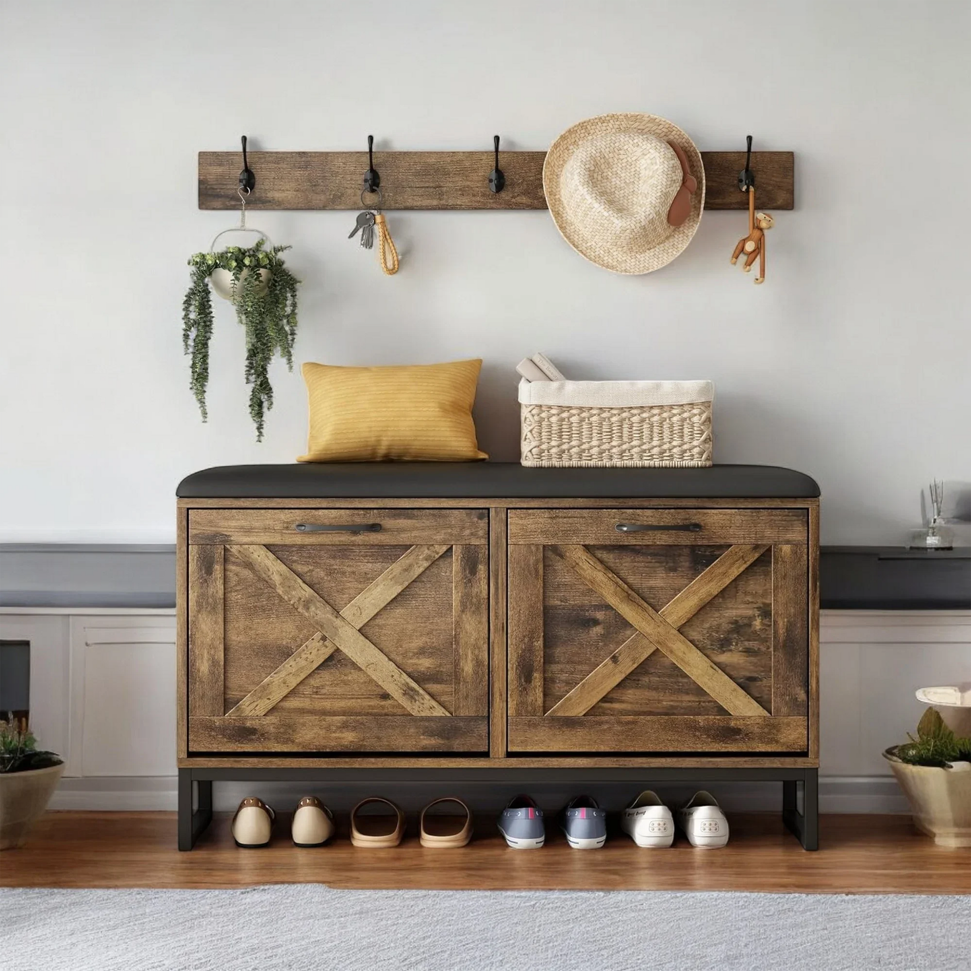 Rustic Shoe Storage Bench with Cushion & Coat Rack – 2 Flip Drawers 