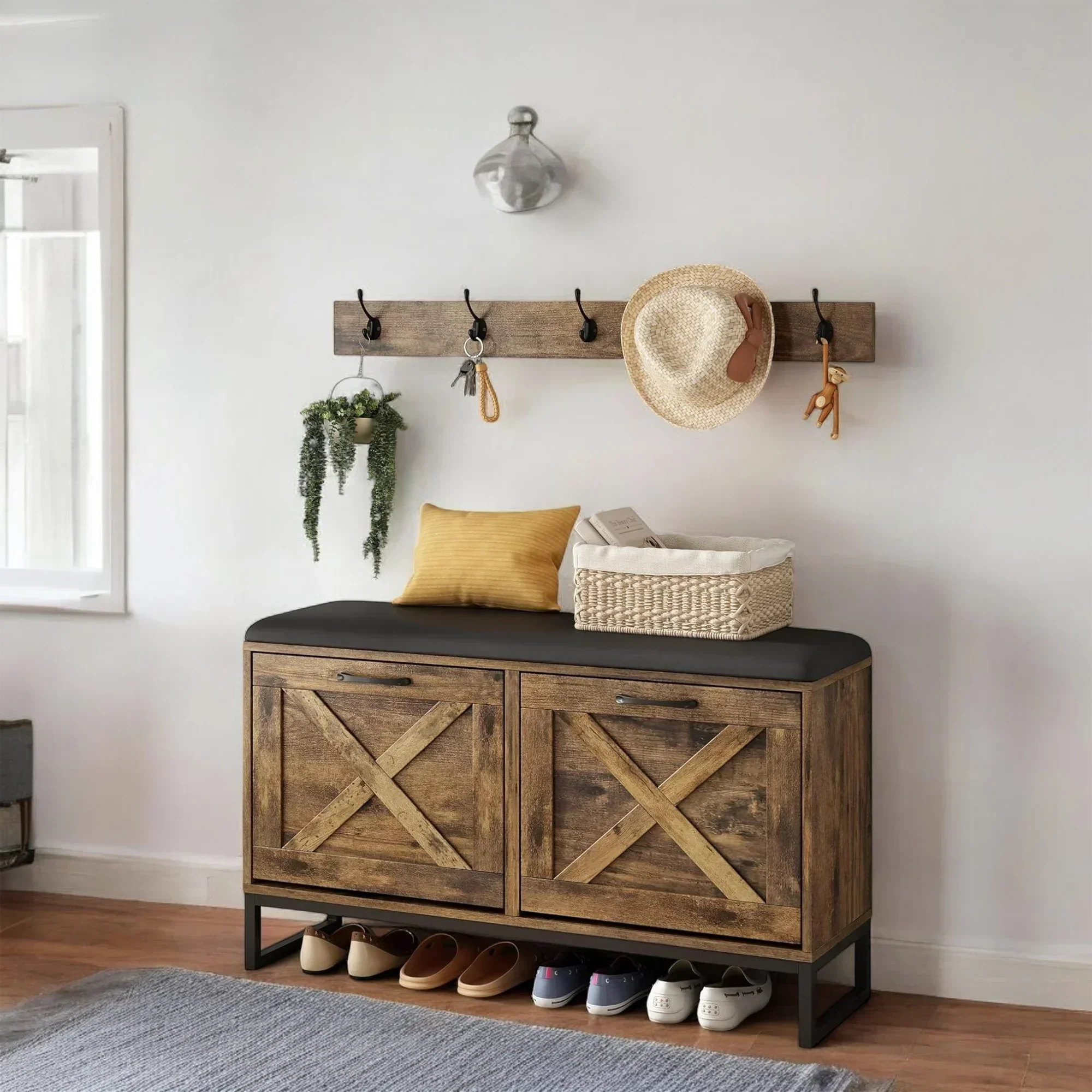 Rustic Shoe Storage Bench with Cushion & Coat Rack – 2 Flip Drawers 