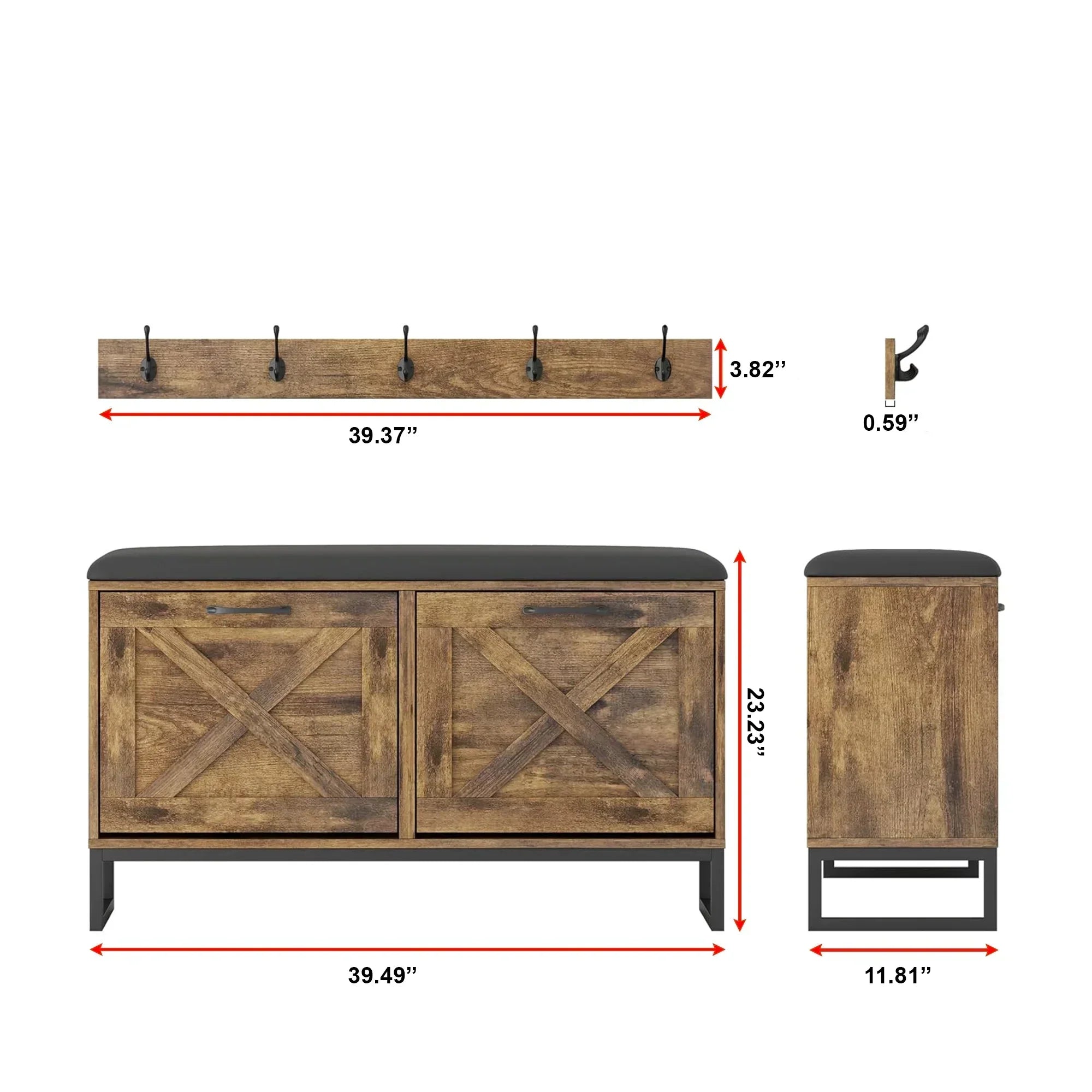 Rustic Shoe Storage Bench with Cushion & Coat Rack – 2 Flip Drawers 