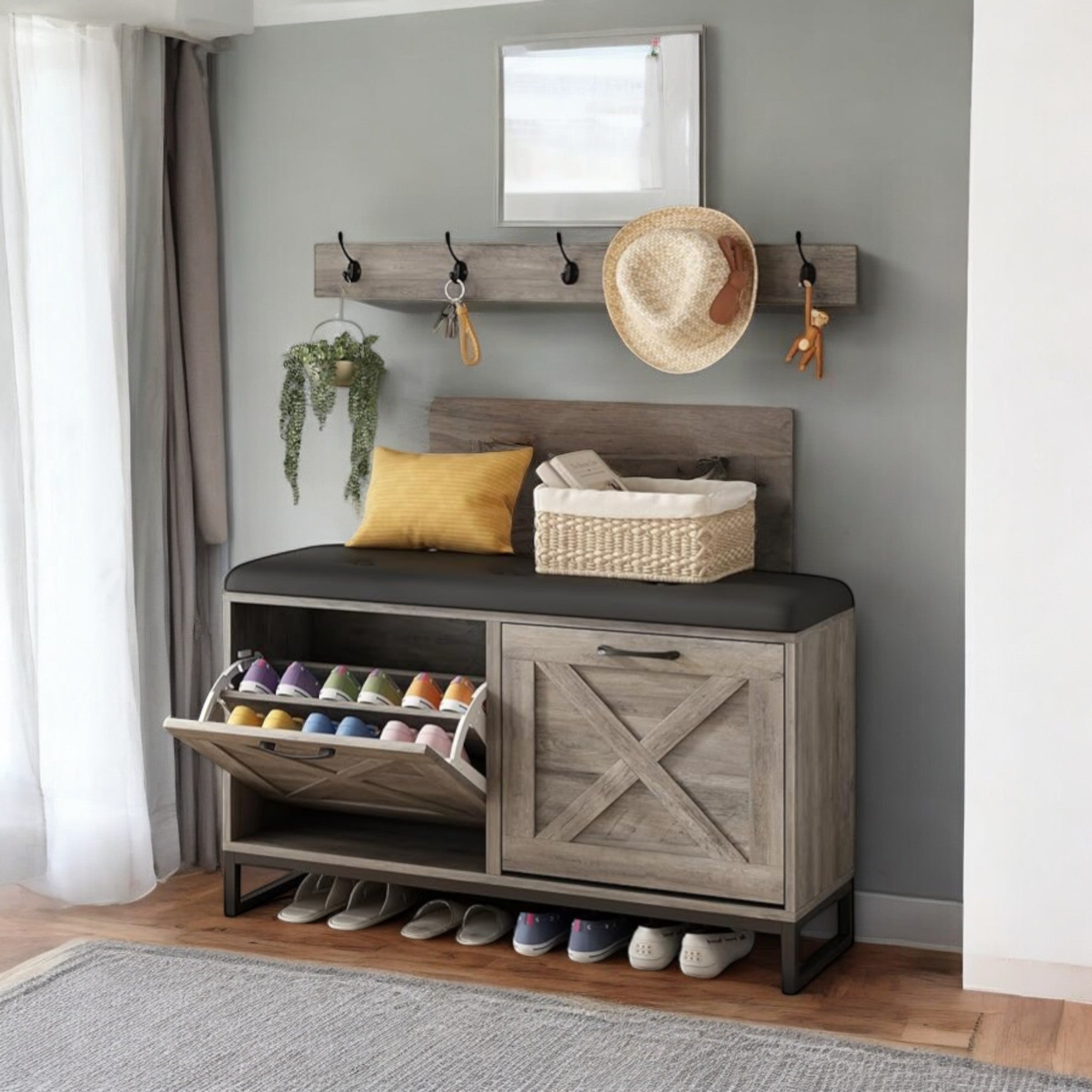 Rustic Shoe Storage Bench with Cushion & Coat Rack – 2 Flip Drawers 