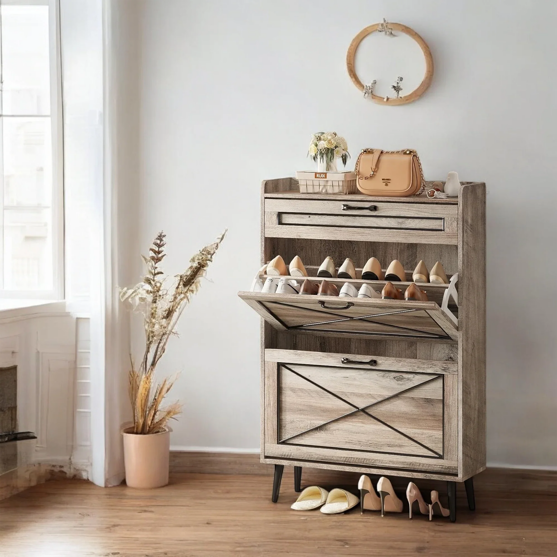 Rustic Slim Shoe Cabinet with Drawer – 3 Flip Tiers, Space-Saving 