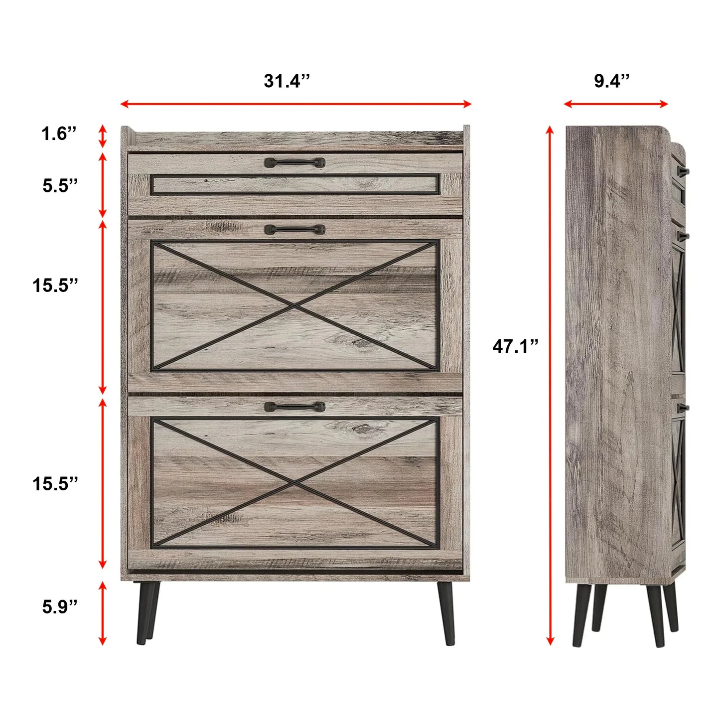 Rustic Slim Shoe Cabinet with Drawer – 3 Flip Tiers, Space-Saving 