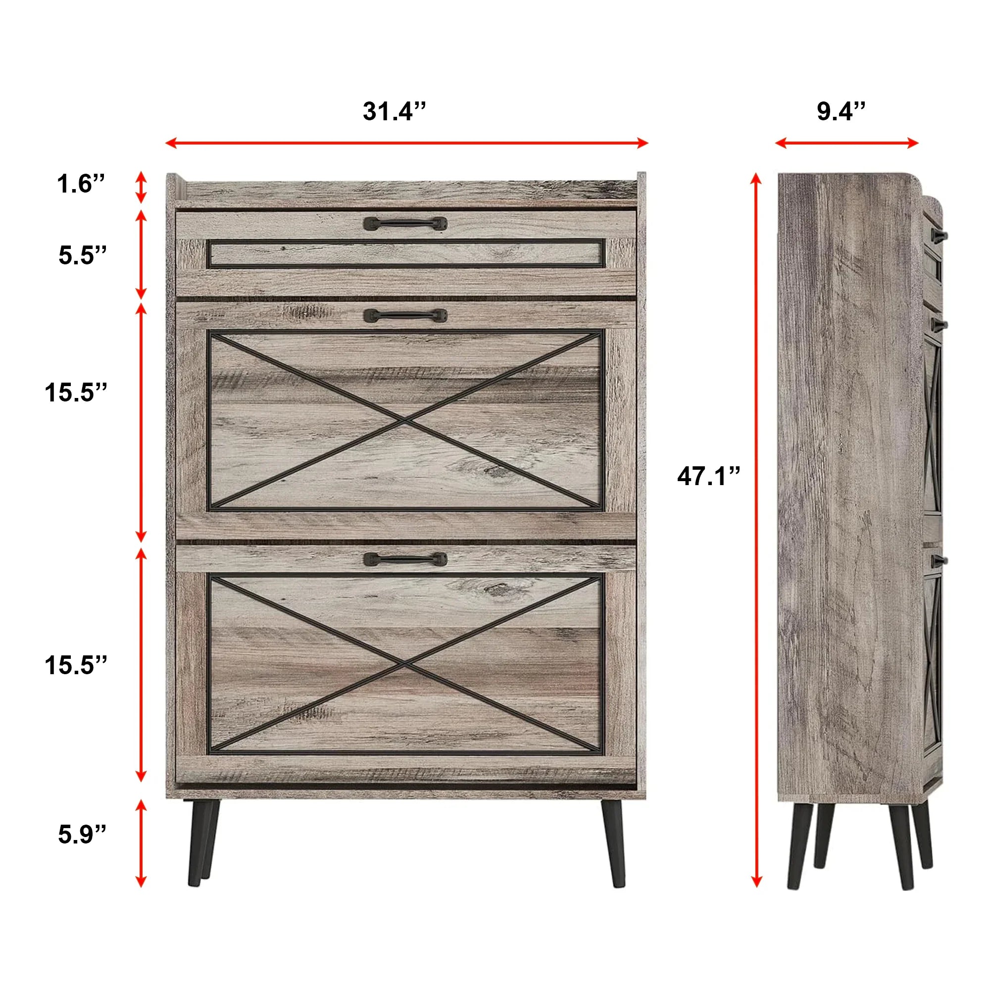 Rustic Slim Shoe Cabinet with Drawer – 3 Flip Tiers, Space-Saving 