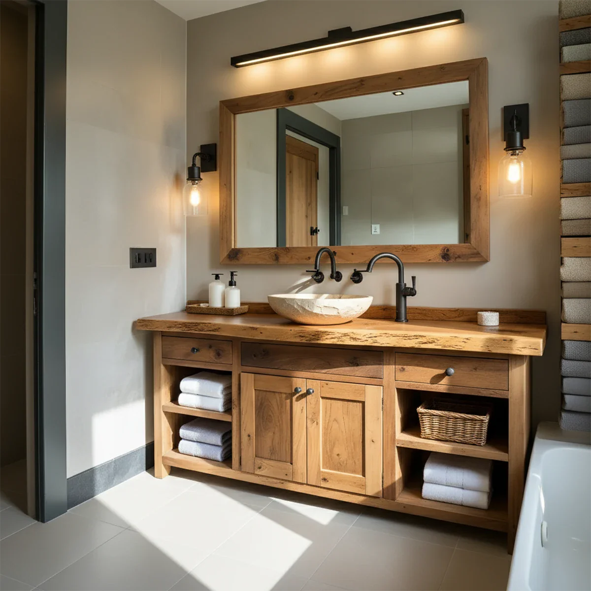 Rustic Solid Wood Bathroom Vanity – Handcrafted Farmhouse Wabi-Sabi Cabinet - Rustira