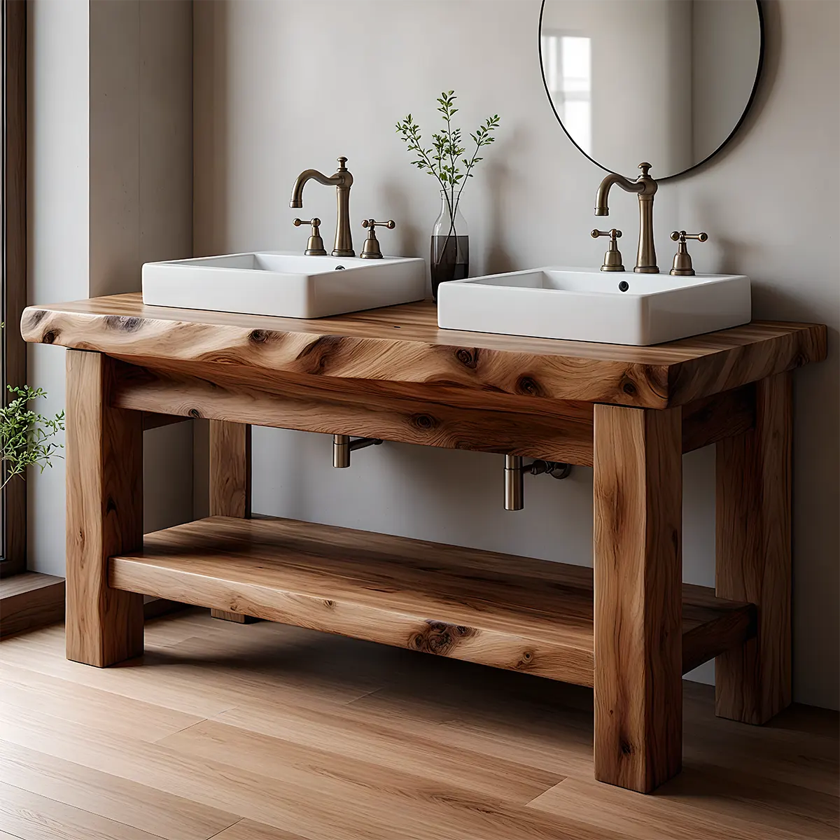 Rustic Solid Wood Double Sink Bathroom Vanity with Open Shelf - Rustira