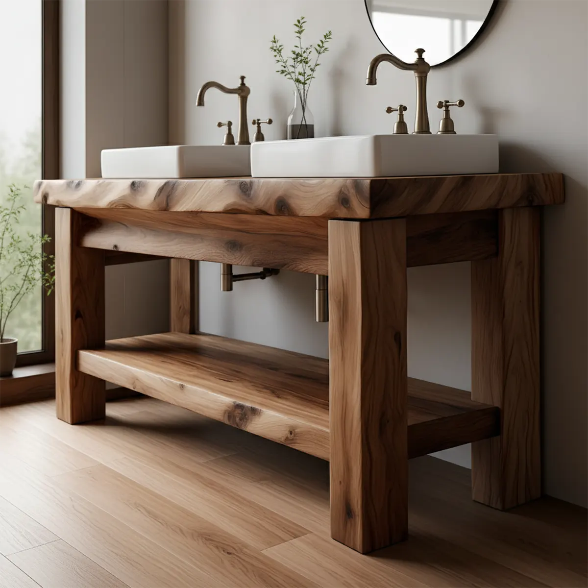 Rustic Solid Wood Double Sink Bathroom Vanity with Open Shelf - Rustira