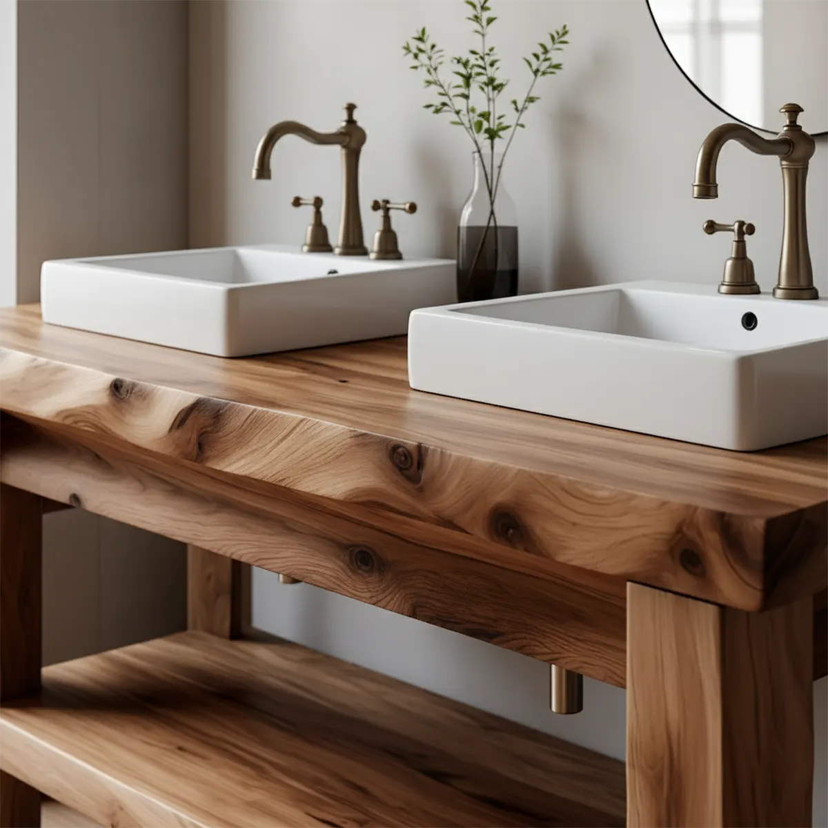Rustic Solid Wood Double Sink Bathroom Vanity with Open Shelf - Rustira