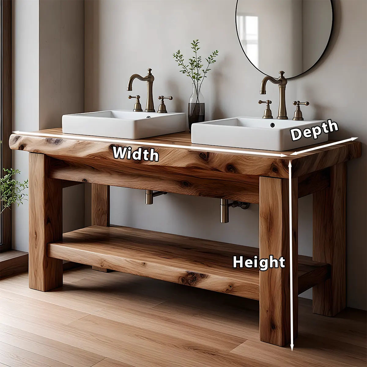 Rustic Solid Wood Double Sink Bathroom Vanity with Open Shelf - Rustira