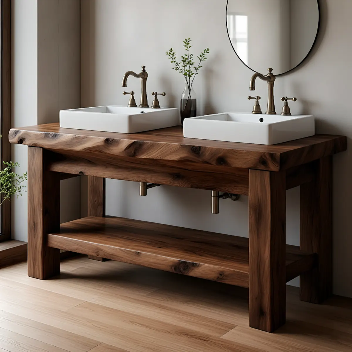 Rustic Solid Wood Double Sink Bathroom Vanity with Open Shelf - Rustira
