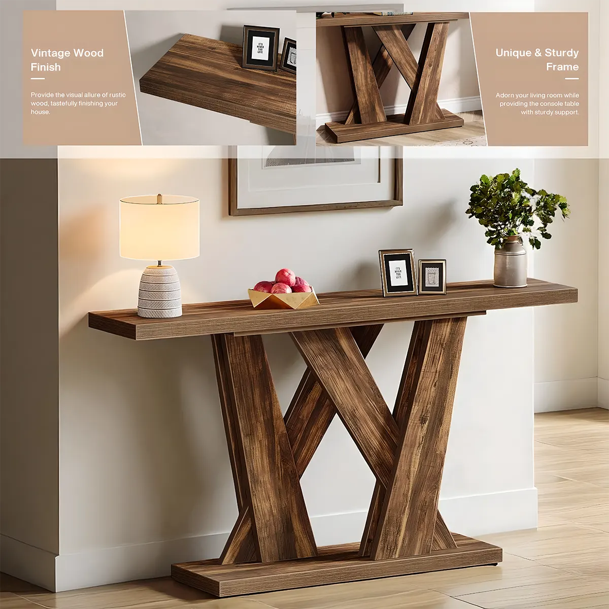 Rustic Style Cross-Legged Console Table – Brown Wood 55″ Refined and Elegant 