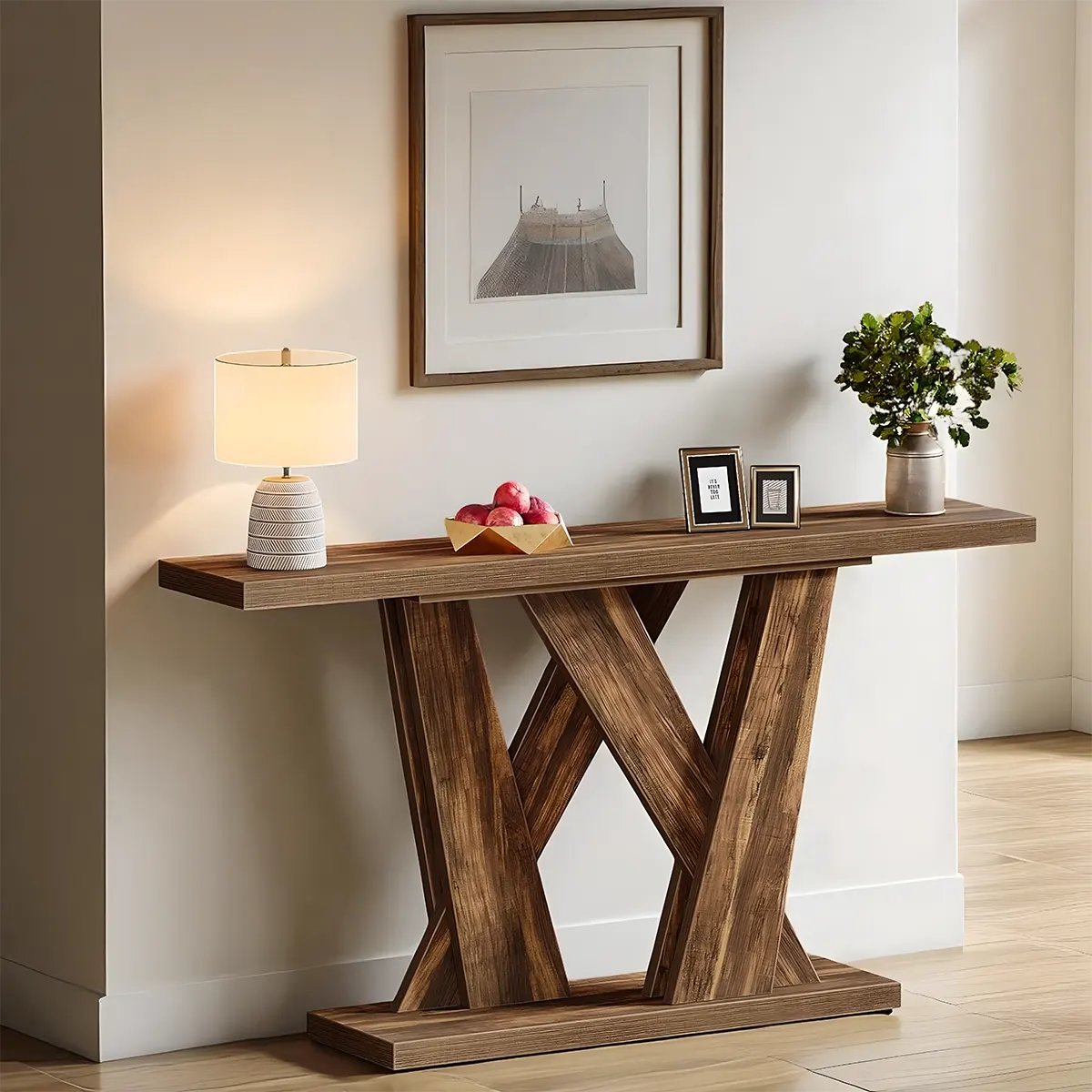 Rustic Style Cross-Legged Console Table – Brown Wood 55″ Refined and Elegant 