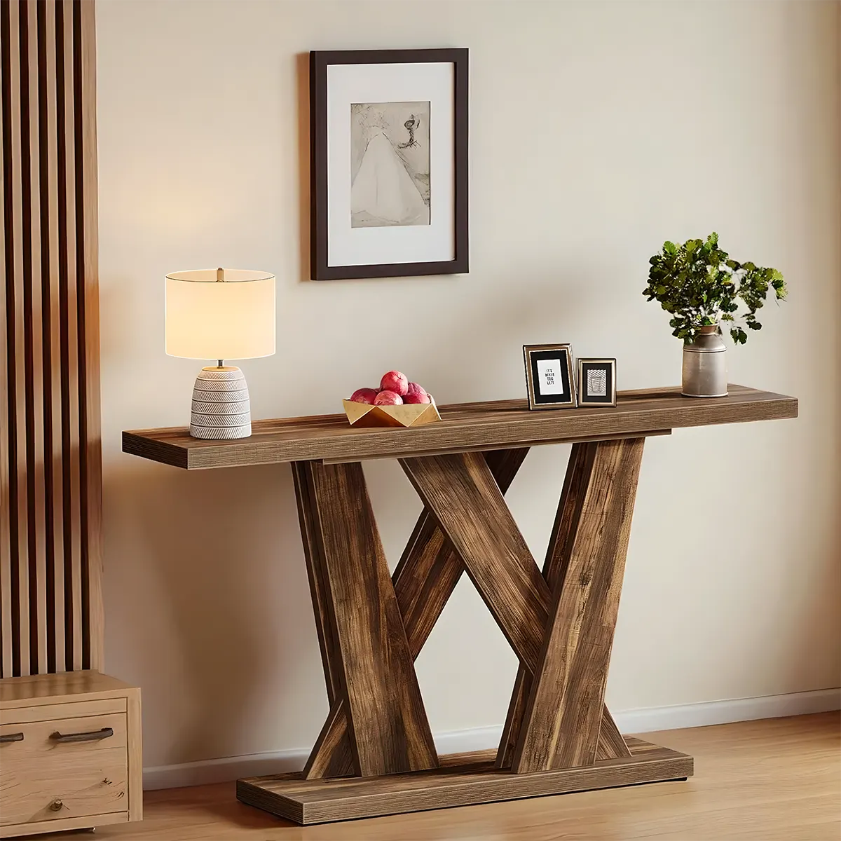 Rustic Style Cross-Legged Console Table – Brown Wood 55″ Refined and Elegant 