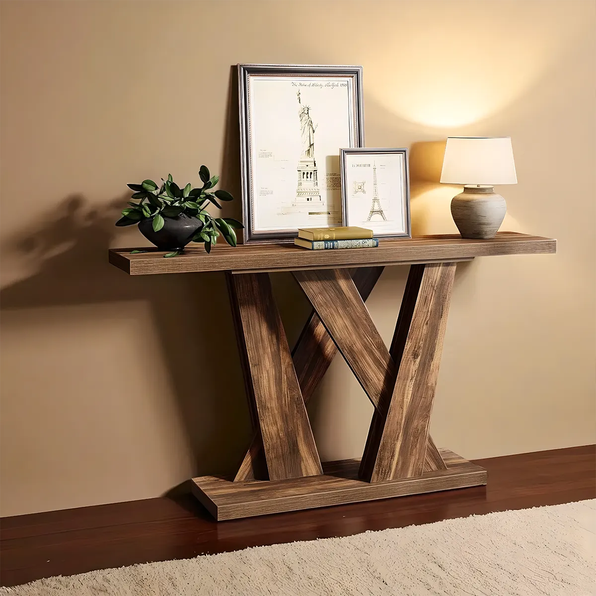 Rustic Style Cross-Legged Console Table – Brown Wood 55″ Refined and Elegant 