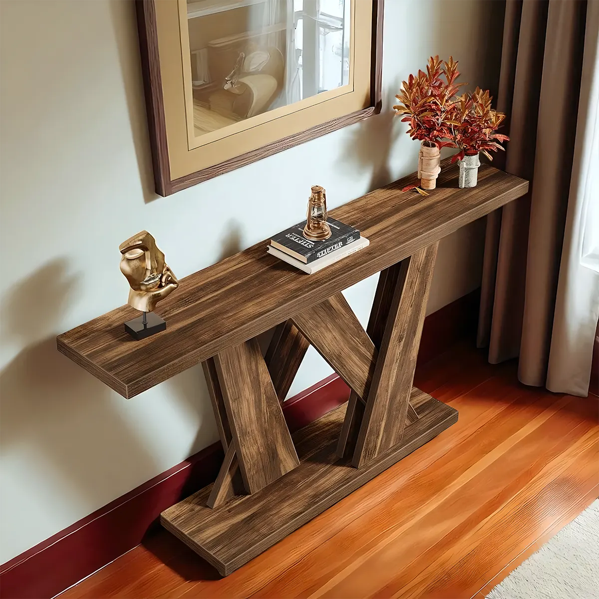 Rustic Style Cross-Legged Console Table – Brown Wood 55″ Refined and Elegant 