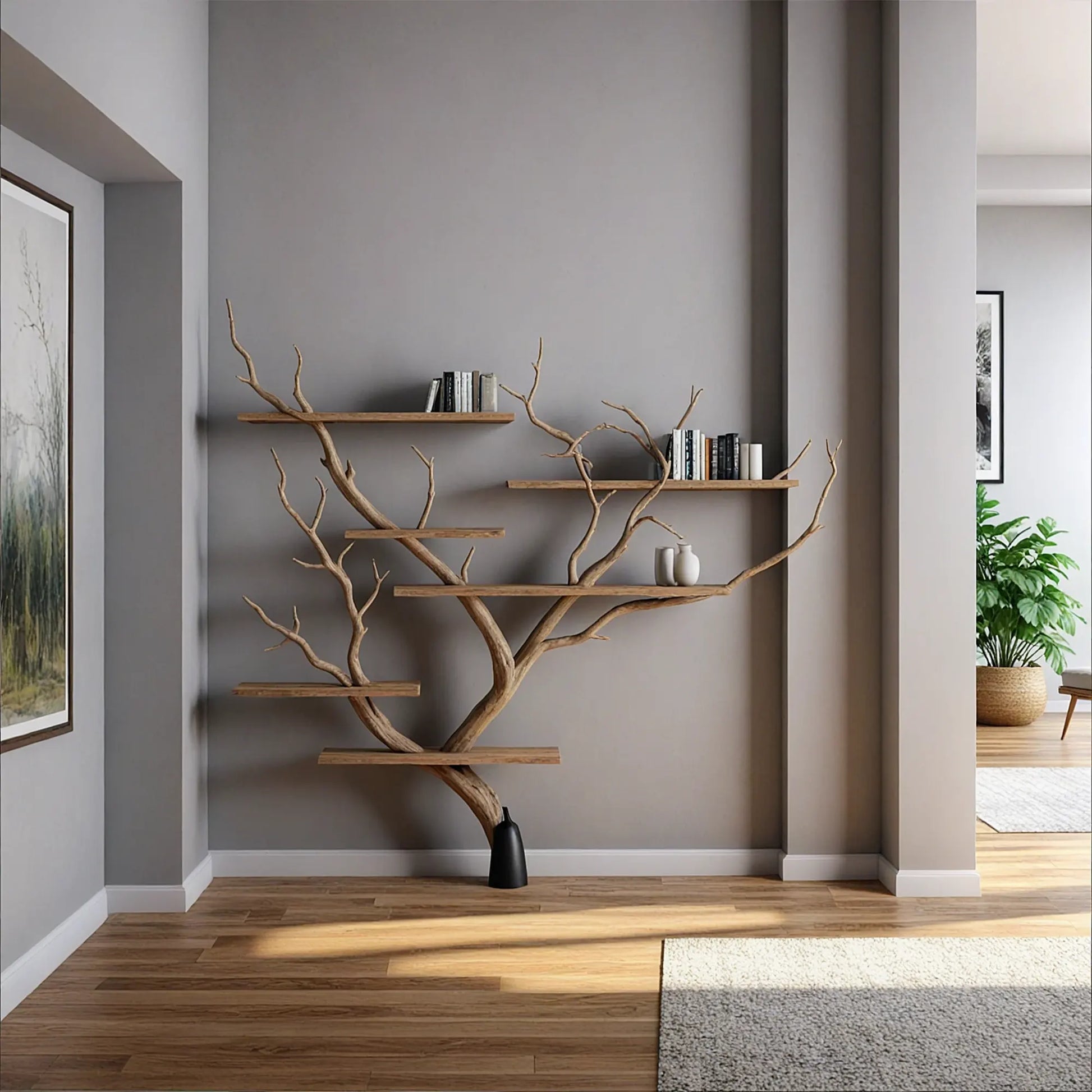 Tree branch shelves live edge wall mount floating bookshelf tree bookshelf corner shelf driftwood decor. 