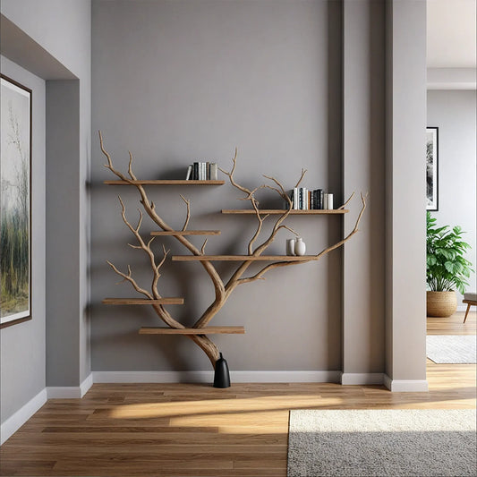 Tree branch shelves live edge wall mount floating bookshelf tree bookshelf corner shelf driftwood decor. 