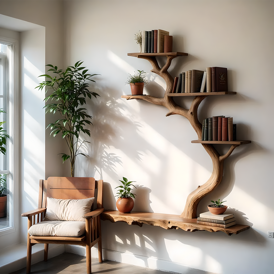 Rustic Tree Shelf – Natural Branch Bookshelf for Living Room Wall 