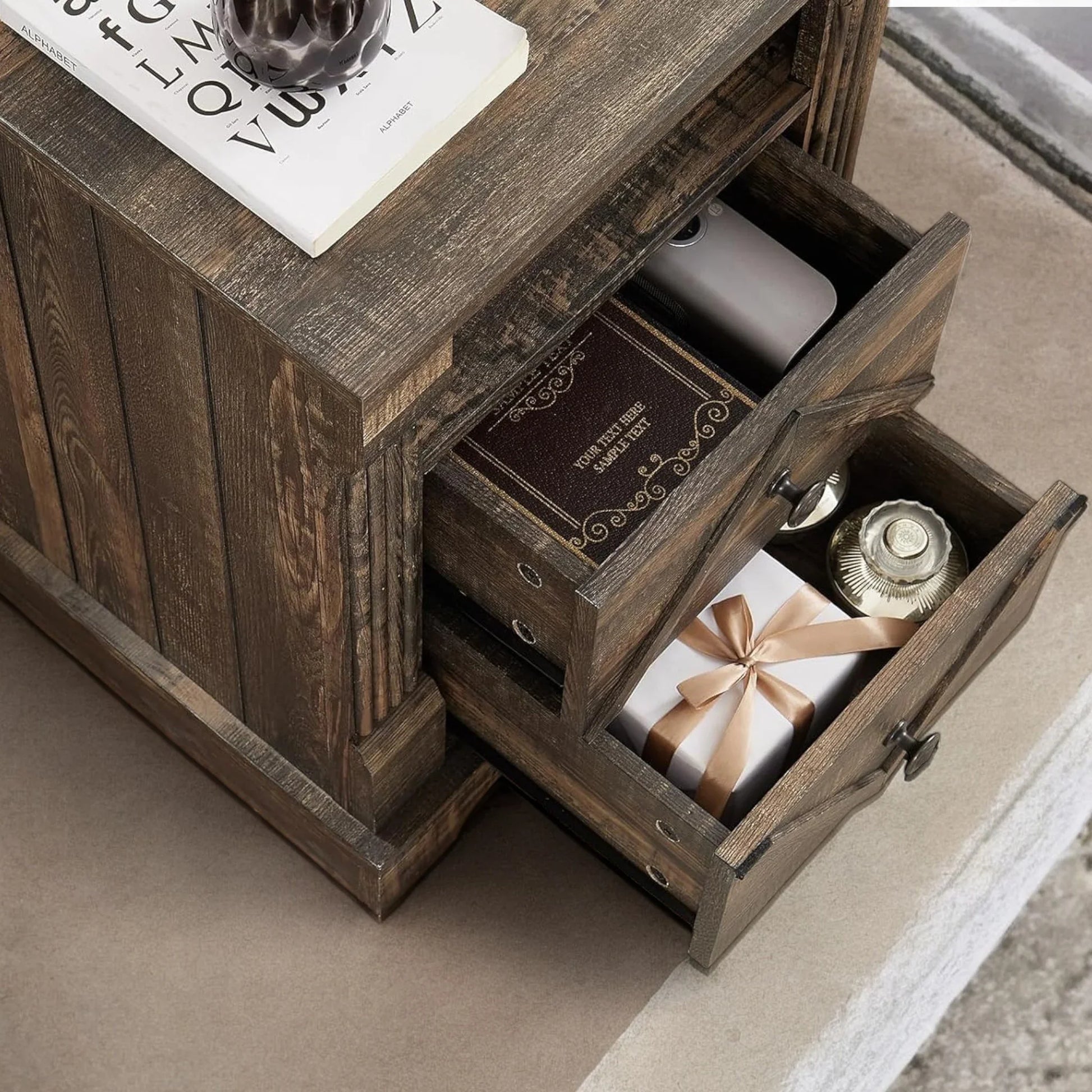 Rustic Wood Nightstand with Drawers – Farmhouse End Table Style 